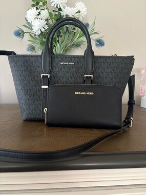 Michael Kors Black Signature MK Satchel with Matching Black Zip Wallet